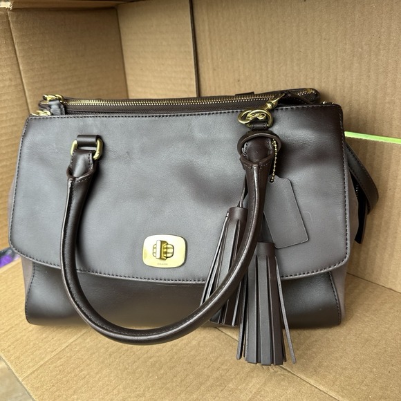 Coach PINNACLE HARPER TRIPLE ZIP SATCHEL IN POLISHED LEATHER TASSEL BROWN 2013 - Picture 1 of 13